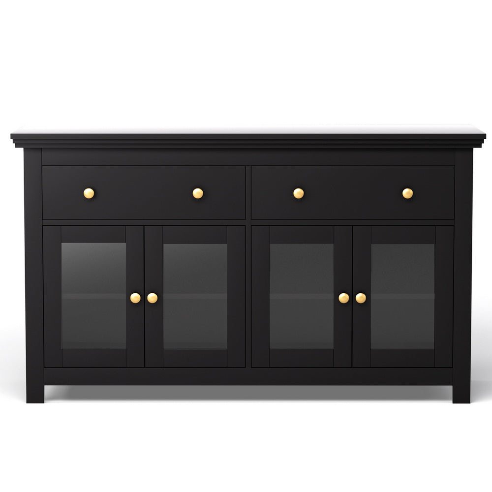 Buffet Sideboard | Clear Door + Drawer | Kitchen Storage Cabinet | Black