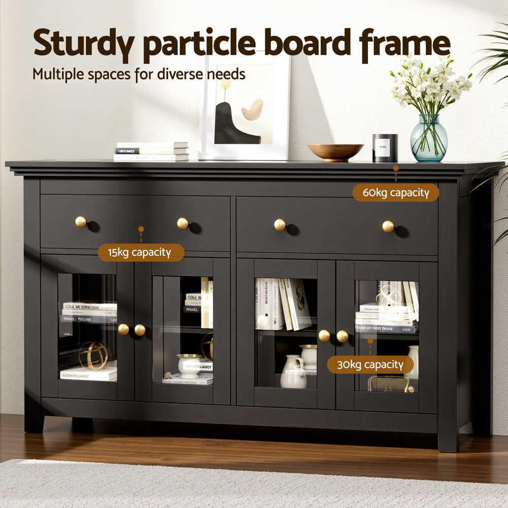 Buffet Sideboard | Clear Door + Drawer | Kitchen Storage Cabinet | Black