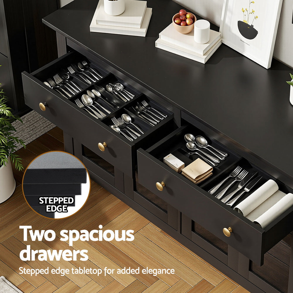 Buffet Sideboard | Clear Door + Drawer | Kitchen Storage Cabinet | Black