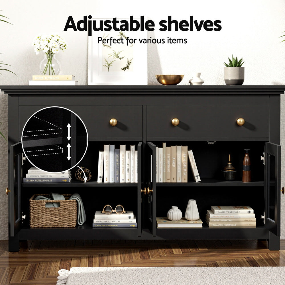Buffet Sideboard | Clear Door + Drawer | Kitchen Storage Cabinet | Black