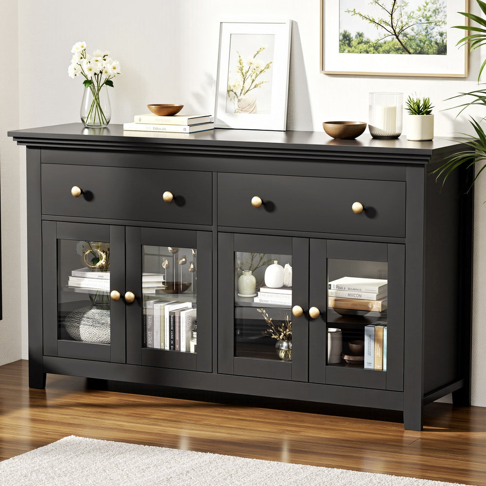 Buffet Sideboard | Clear Door + Drawer | Kitchen Storage Cabinet | Black