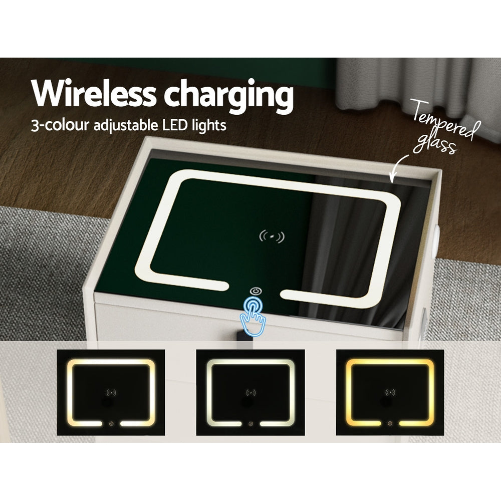 Smart Bedside Table | 2 Drawers | Wireless Charging Ports | LED White | AIKA