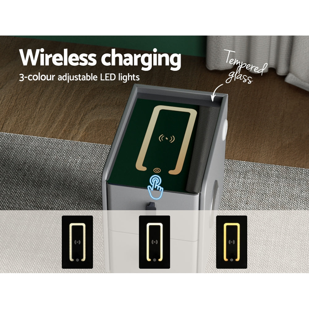 Smart Bedside Table | 2 Drawers | Wireless Charging Ports | LED Grey | AIDA