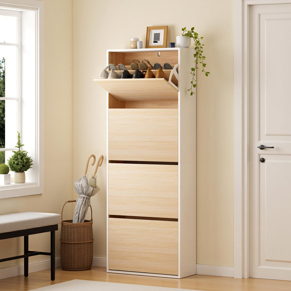 Shoe Rack Cabinet | 24 Pair Storage | Adjustable Shelves | Pine Finish