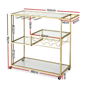 Bar Trolley | Cocktail & Wine Cart | Glass Holder | 102cm | Gold