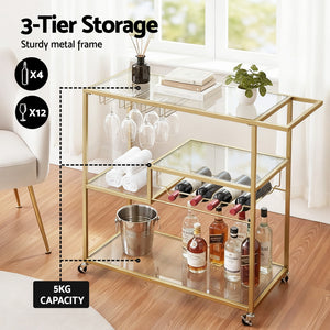 Bar Trolley | Cocktail & Wine Cart | Glass Holder | 102cm | Gold