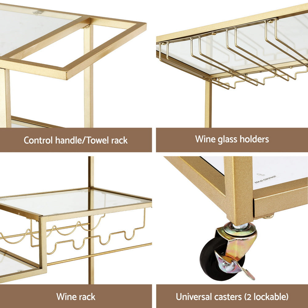 Bar Trolley | Cocktail & Wine Cart | Glass Holder | 102cm | Gold