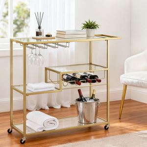 Bar Trolley | Cocktail & Wine Cart | Glass Holder | 102cm | Gold