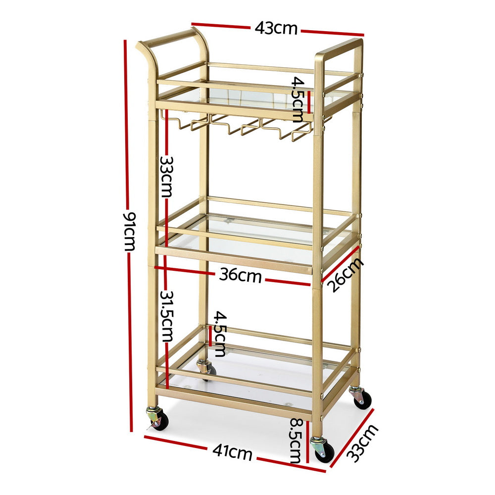 Kitchen Island Cart | 43cm | Rolling Bar Trolley | Wine Glass Holder | Gold
