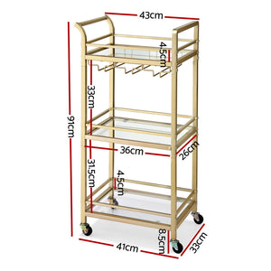 Kitchen Island Cart | 43cm | Rolling Bar Trolley | Wine Glass Holder | Gold