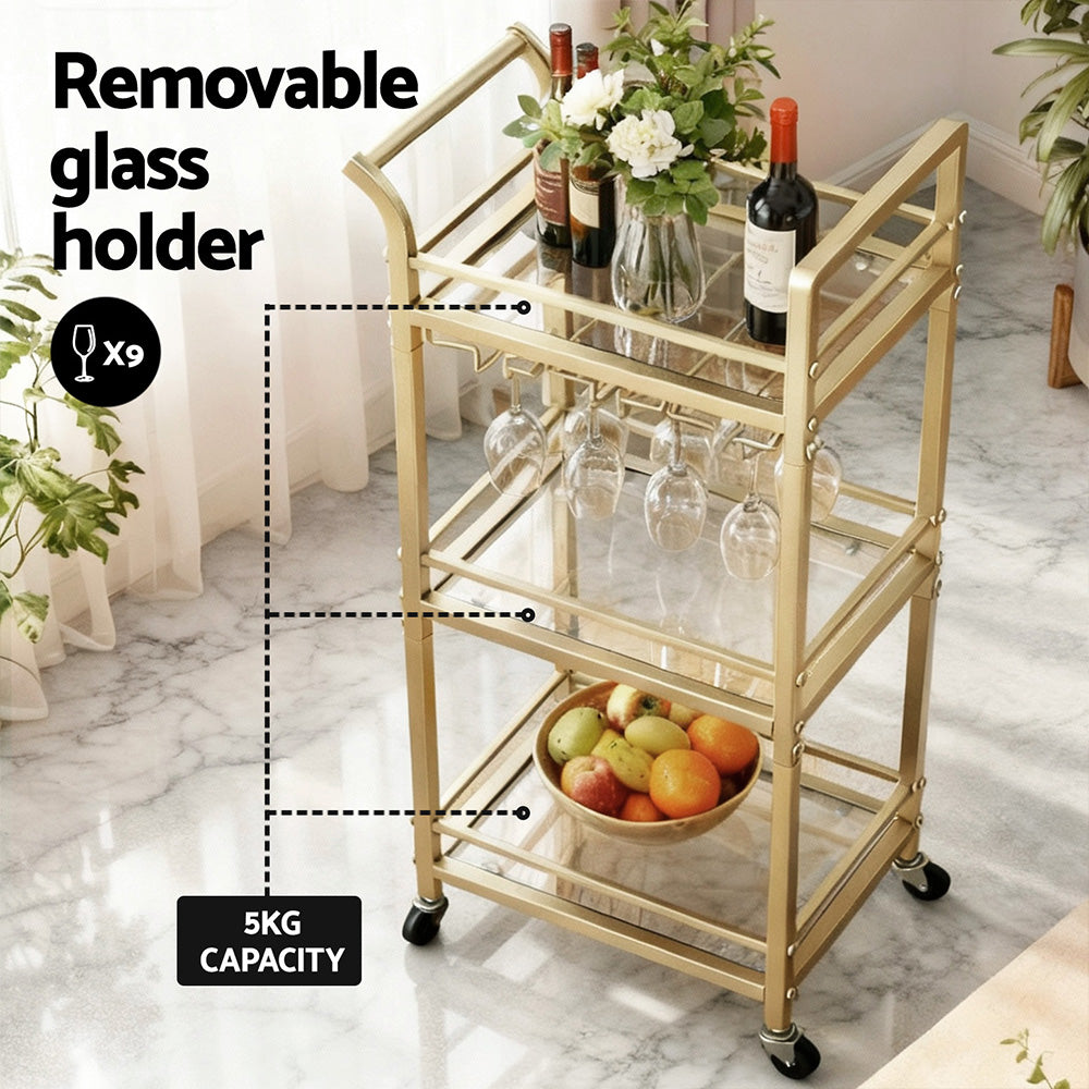 Kitchen Island Cart | 43cm | Rolling Bar Trolley | Wine Glass Holder | Gold