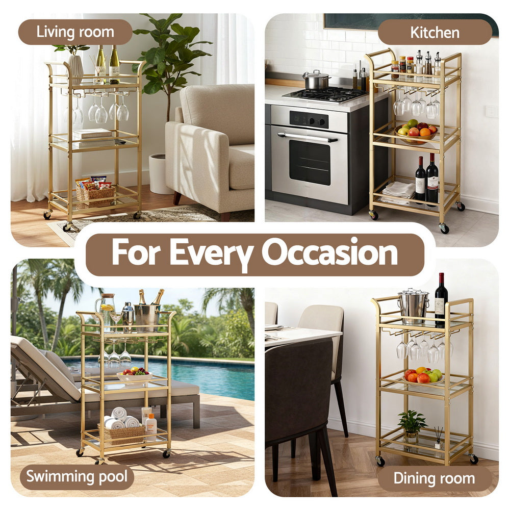 Kitchen Island Cart | 43cm | Rolling Bar Trolley | Wine Glass Holder | Gold