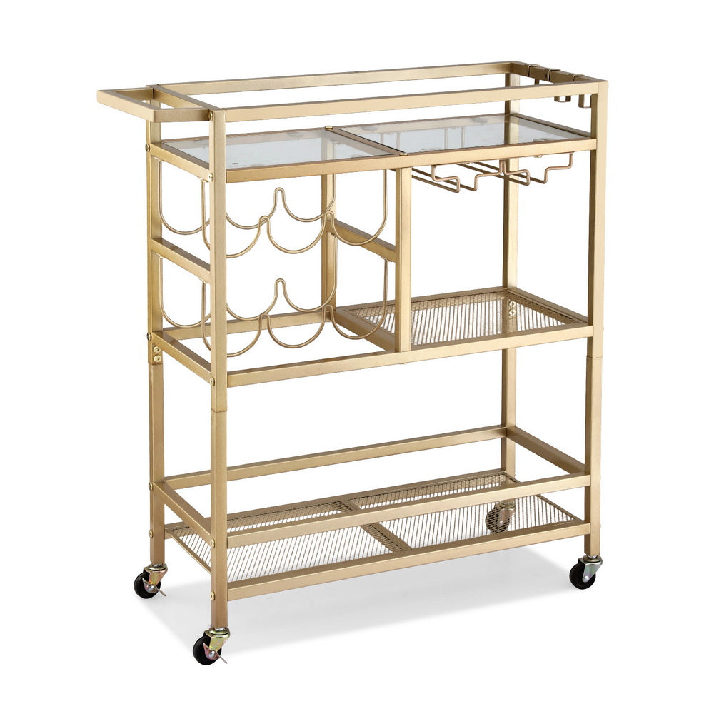 Bar Cart | Drinks Trolley | Wine Rack + Glass Holder | 3 Hooks | 72cm | Gold