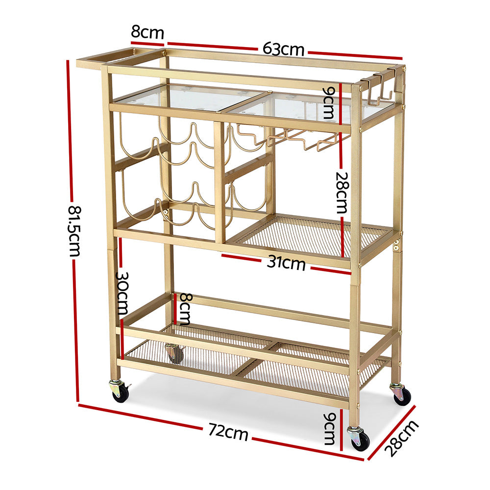 Bar Cart | Drinks Trolley | Wine Rack + Glass Holder | 3 Hooks | 72cm | Gold