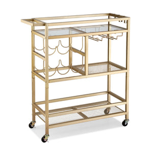 Bar Cart | Drinks Trolley | Wine Rack + Glass Holder | 3 Hooks | 72cm | Gold