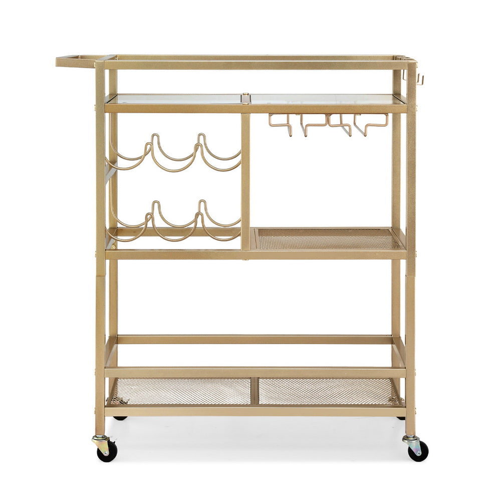 Bar Cart | Drinks Trolley | Wine Rack + Glass Holder | 3 Hooks | 72cm | Gold