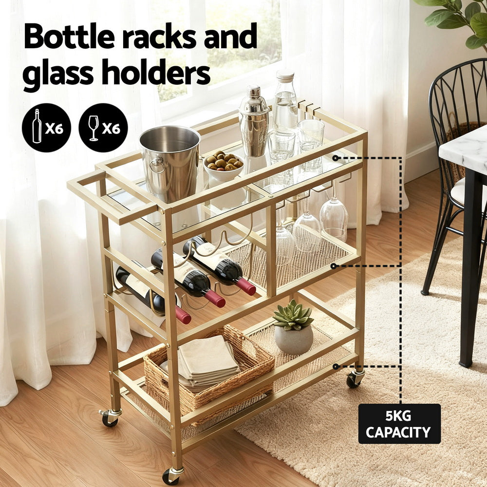 Bar Cart | Drinks Trolley | Wine Rack + Glass Holder | 3 Hooks | 72cm | Gold