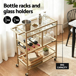 Bar Cart | Drinks Trolley | Wine Rack + Glass Holder | 3 Hooks | 72cm | Gold
