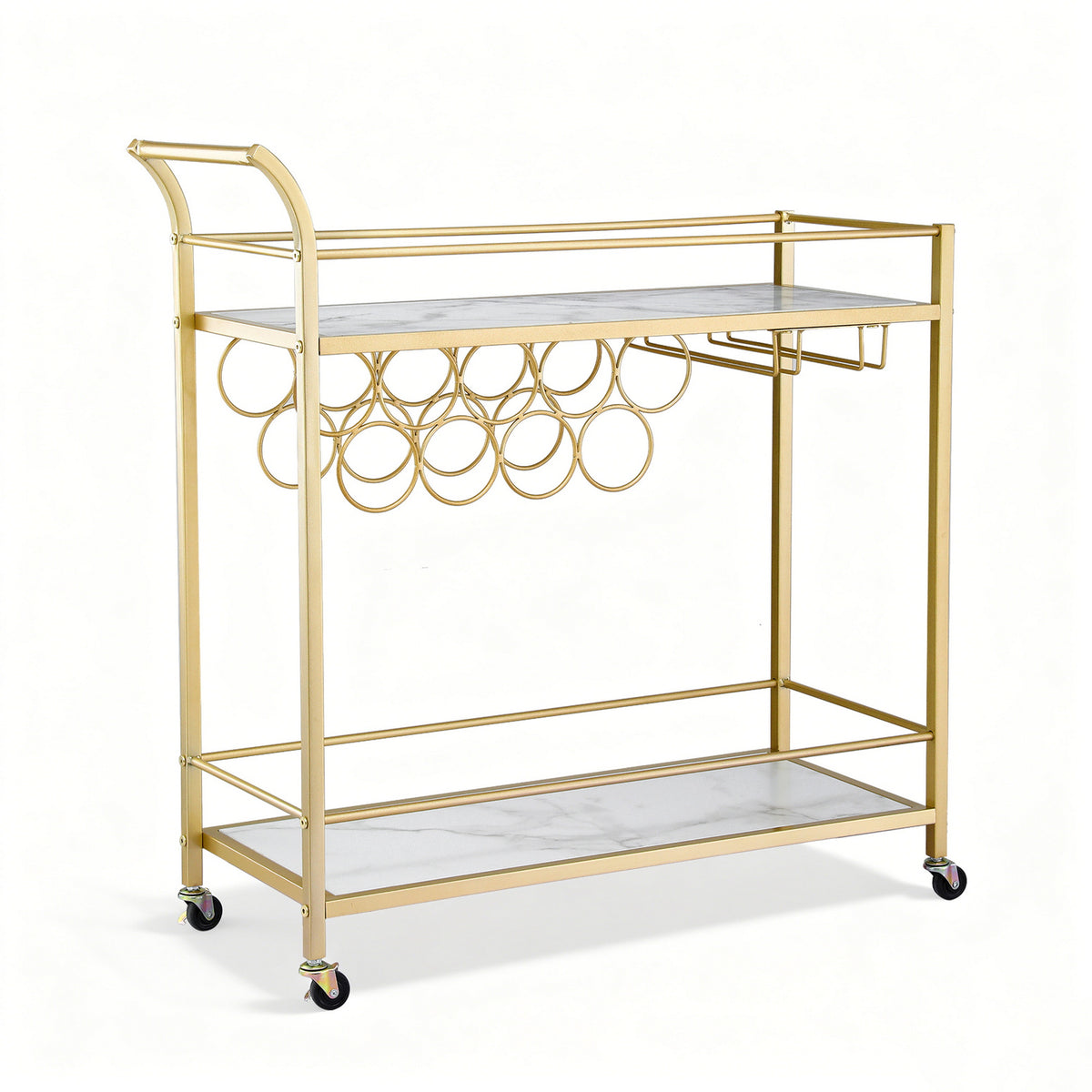 Bar Cart | Marble Top Drinks Trolley | Wine Rack + Glass Holder | 85cm | Gold