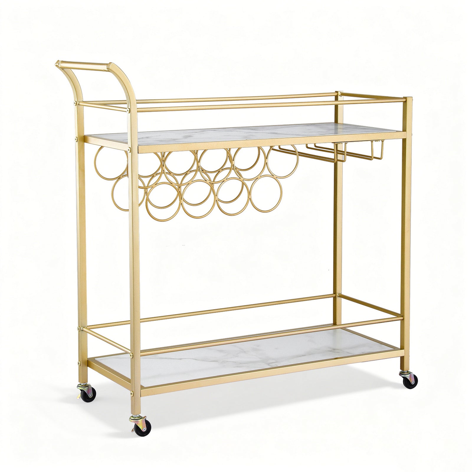 Bar Cart | Marble Top Drinks Trolley | Wine Rack + Glass Holder | 85cm | Gold