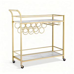 Bar Cart | Marble Top Drinks Trolley | Wine Rack + Glass Holder | 85cm | Gold