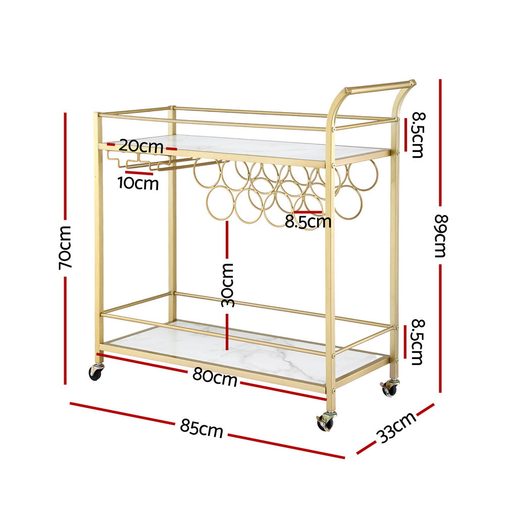 Bar Cart | Marble Top Drinks Trolley | Wine Rack + Glass Holder | 85cm | Gold