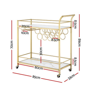 Bar Cart | Marble Top Drinks Trolley | Wine Rack + Glass Holder | 85cm | Gold