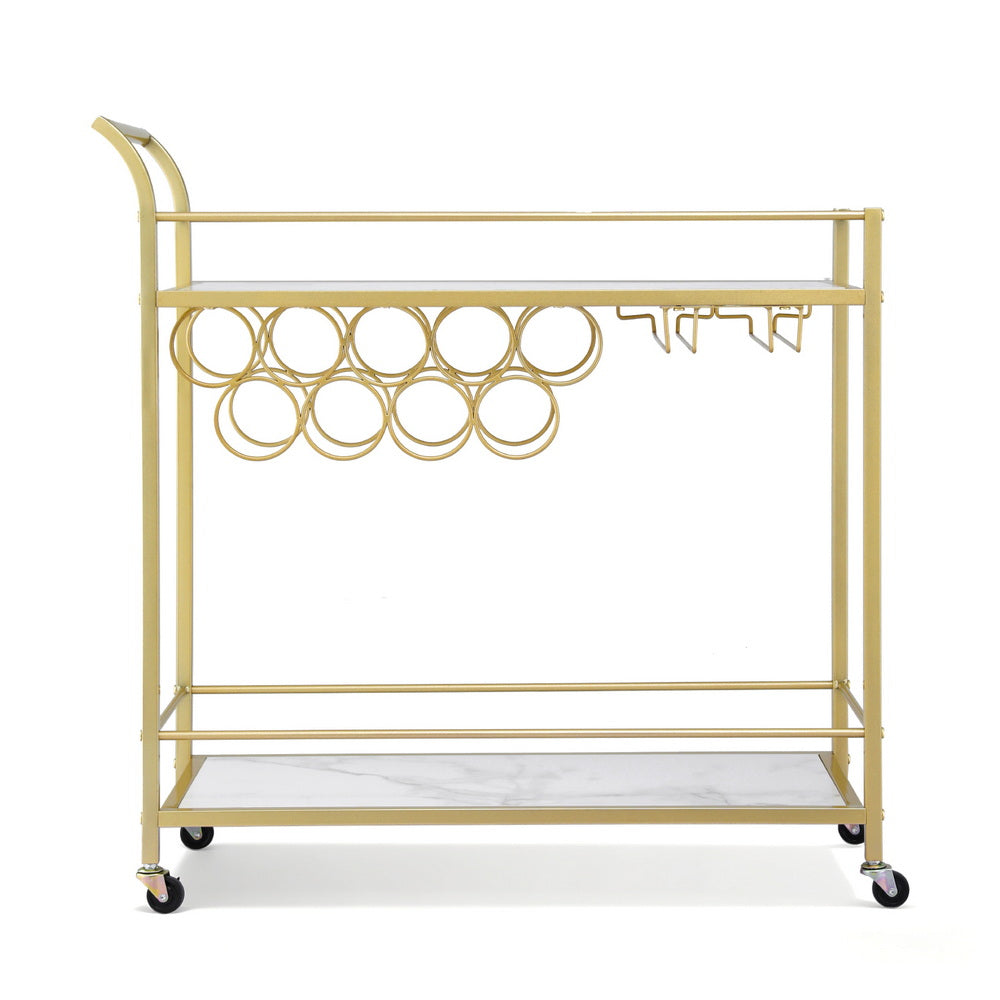 Bar Cart | Marble Top Drinks Trolley | Wine Rack + Glass Holder | 85cm | Gold