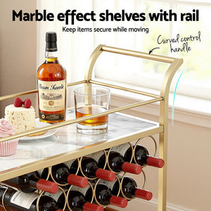 Bar Cart | Marble Top Drinks Trolley | Wine Rack + Glass Holder | 85cm | Gold