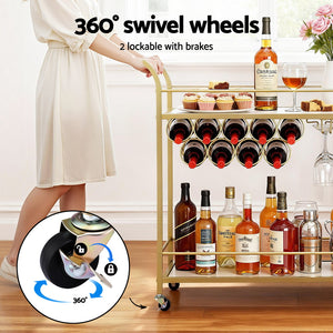 Bar Cart | Marble Top Drinks Trolley | Wine Rack + Glass Holder | 85cm | Gold