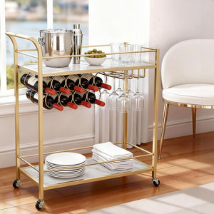 Bar Cart | Marble Top Drinks Trolley | Wine Rack + Glass Holder | 85cm | Gold