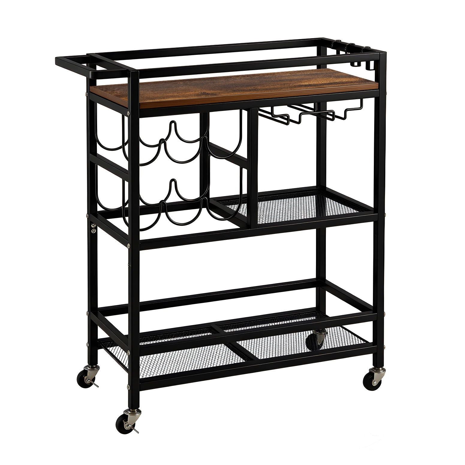 Bar Cart Drinks Trolley | Wine Rack & Glass Holder | Black | 72cm