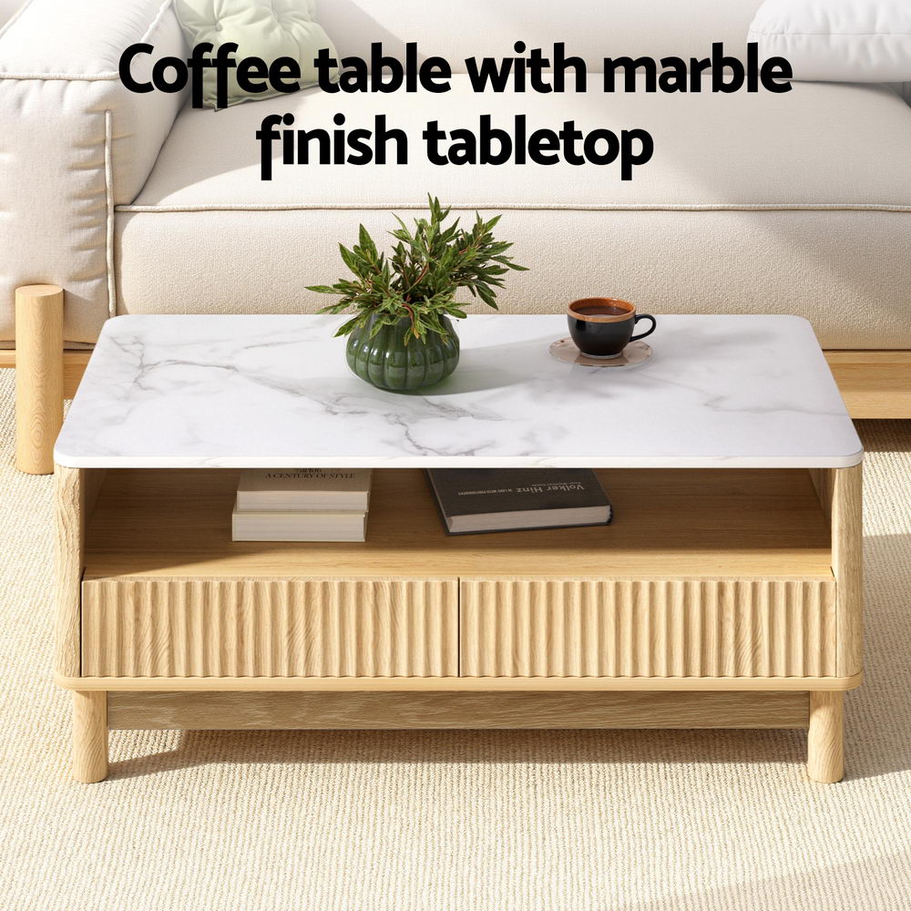 Coffee Table | Drawer & Shelf Storage | Marble Effect | White Finish