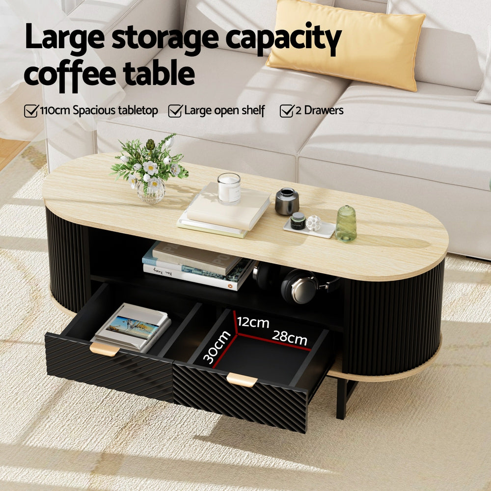 Coffee Table | Drawer & Shelf Storage | Wood & Black Finish