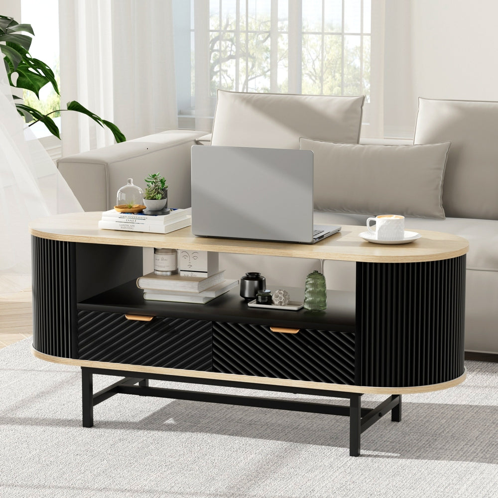 Coffee Table | Drawer & Shelf Storage | Wood & Black Finish