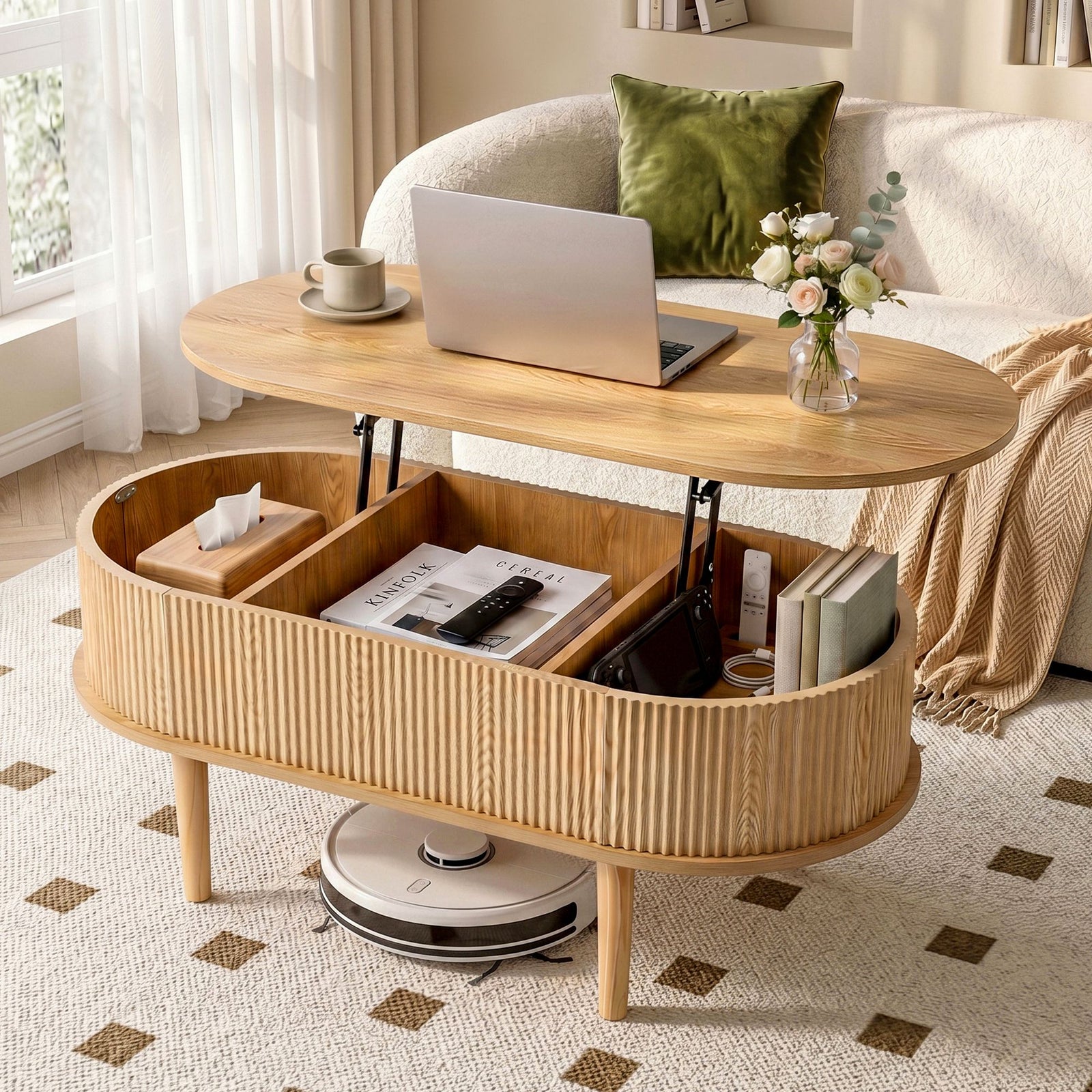 Lift Top Coffee Table | Fluted Oval Centre Table with Hidden Storage | 100cm