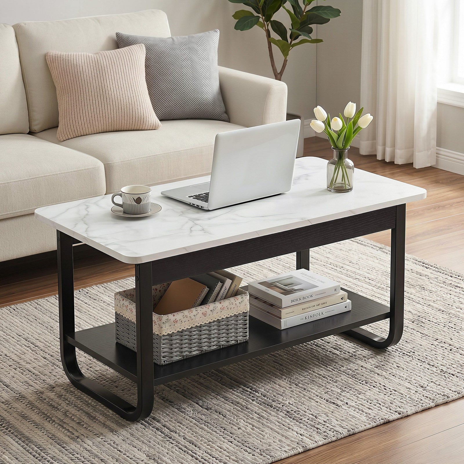 Coffee Table | 2-Tier Marble Look Shelf | Black & White | 80cm