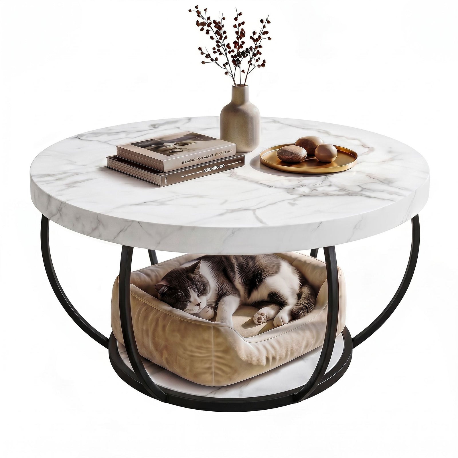 Round Coffee Table | 2-Tier Marble Look Design | White & Black
