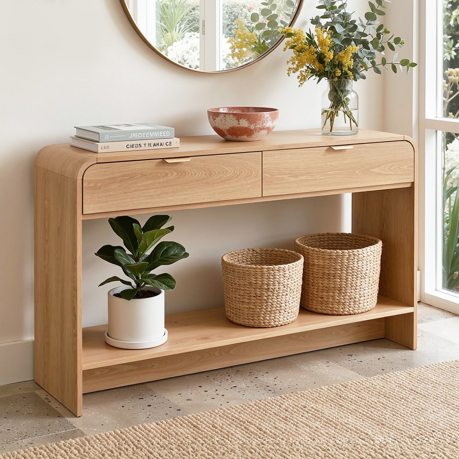 Console Table | 120cm Curved Edge Hallway Table with Drawer | Pine