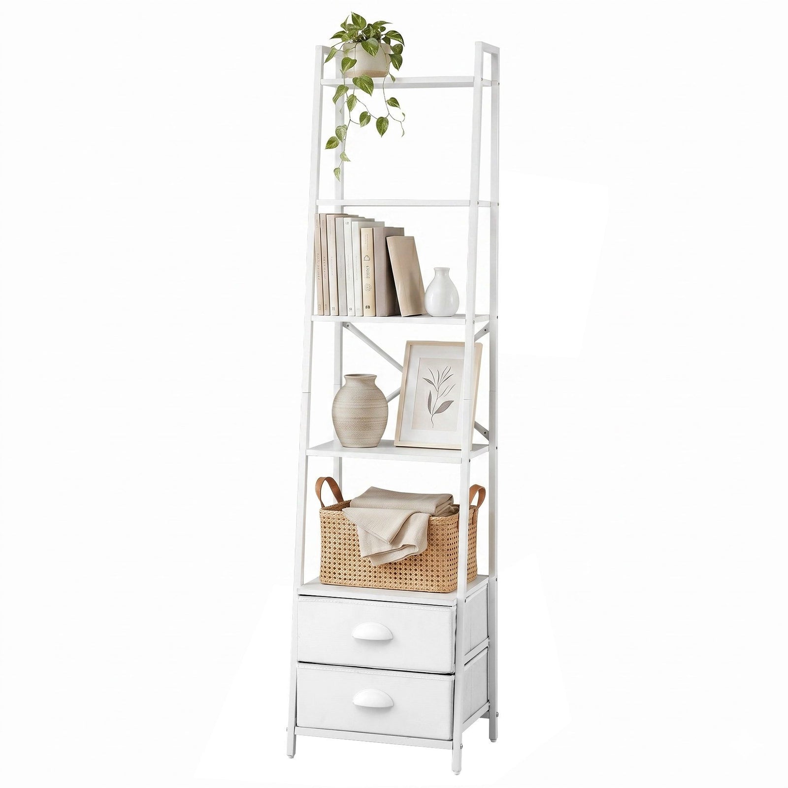 Ladder Bookshelf | 5-Tier Bookcase with Fabric Drawers | White