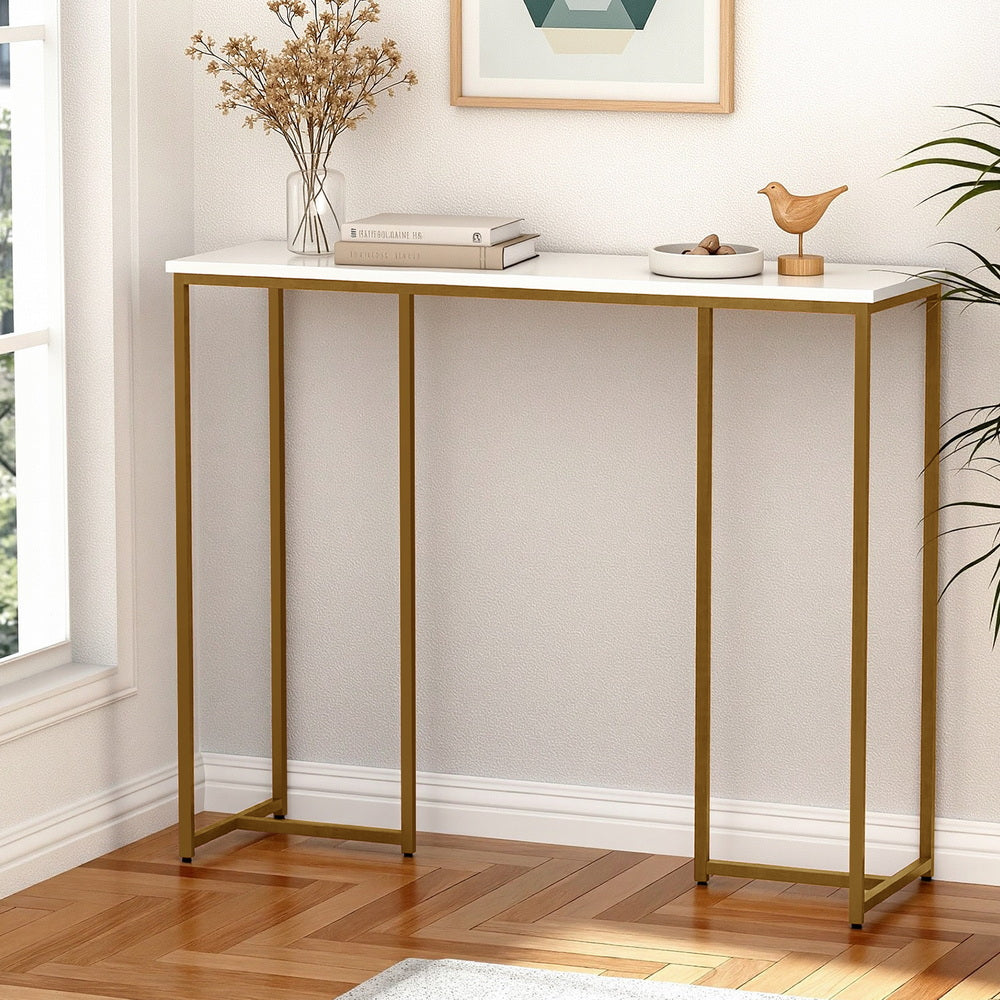 Console Table | Marble Effect Top | White & Gold Accent