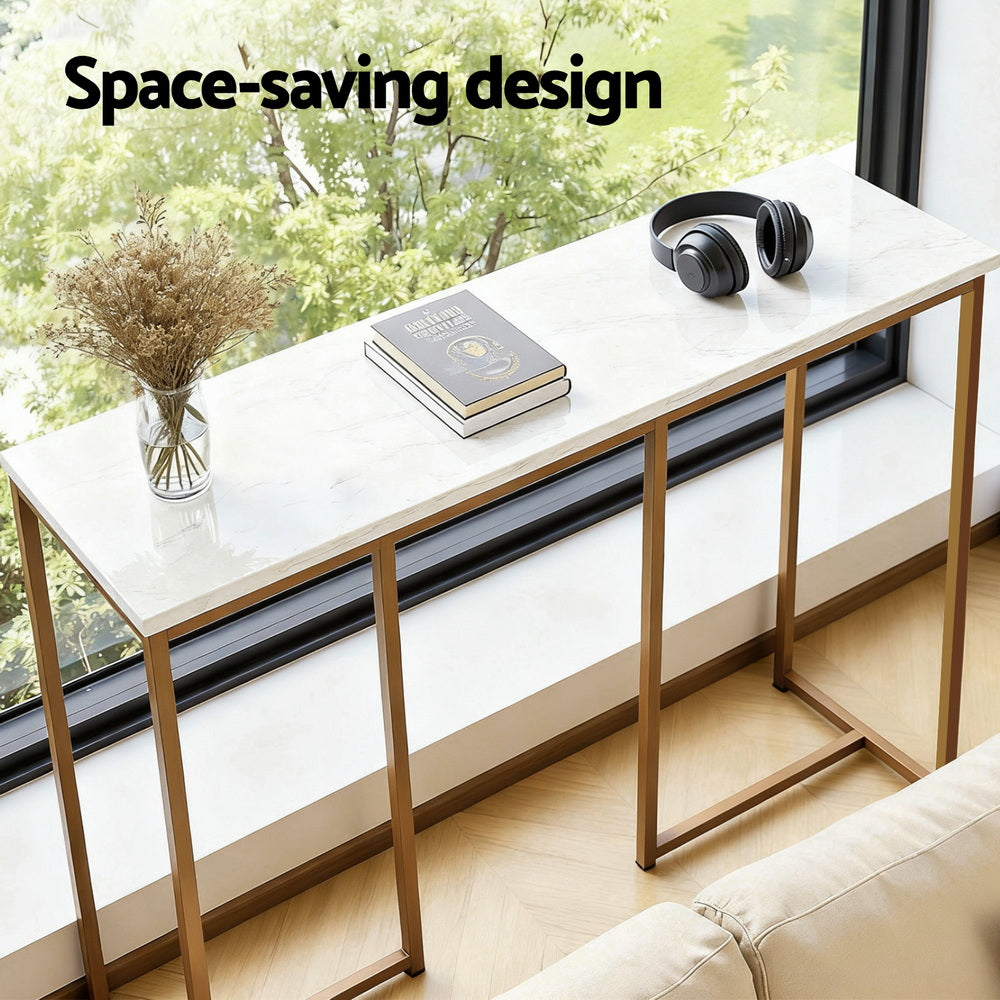 Console Table | Marble Effect Top | White & Gold Accent