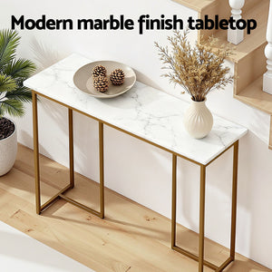 Console Table | Marble Effect Top | White & Gold Accent