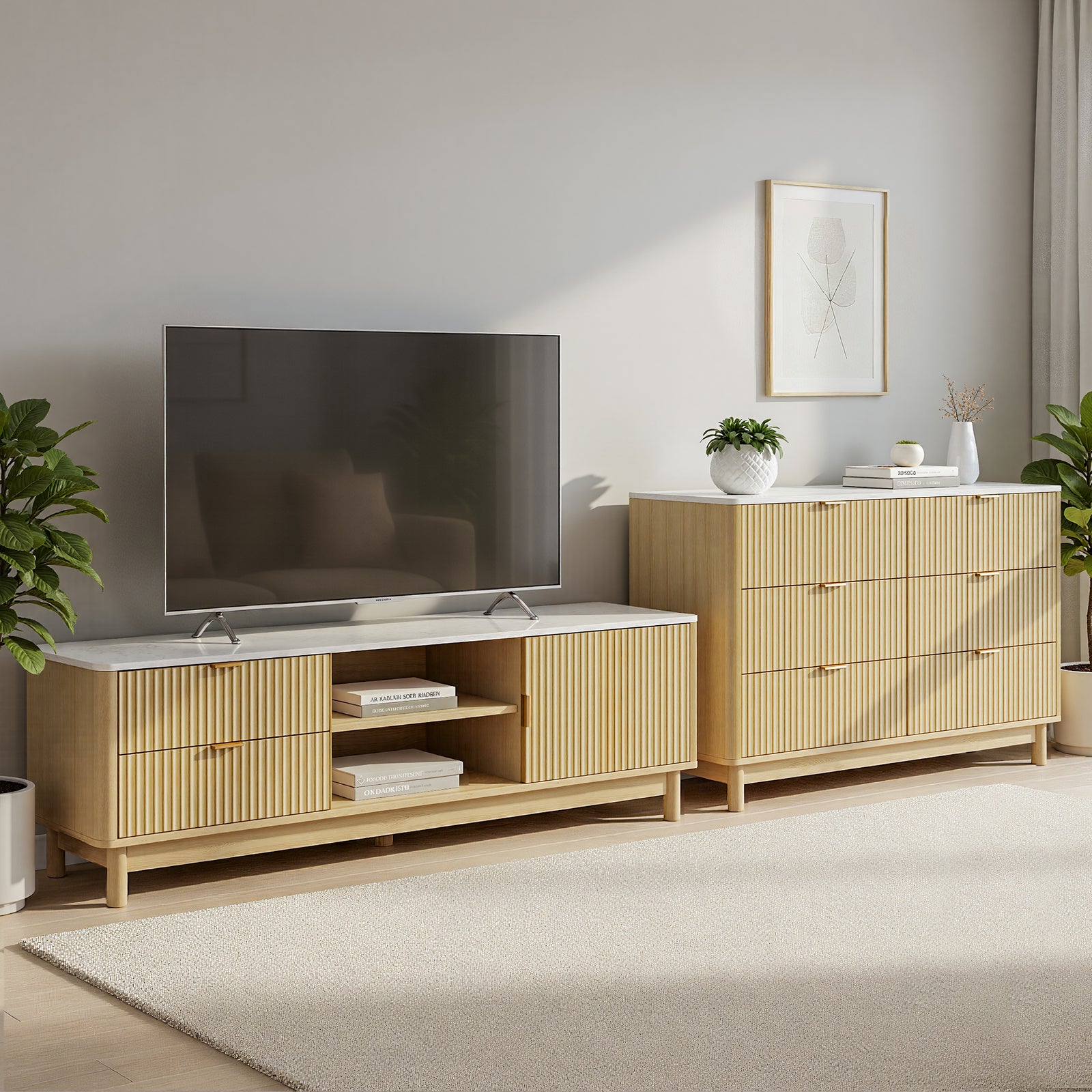 TV Unit & Chest of Drawers Set | Solid Wood Legs | Pine