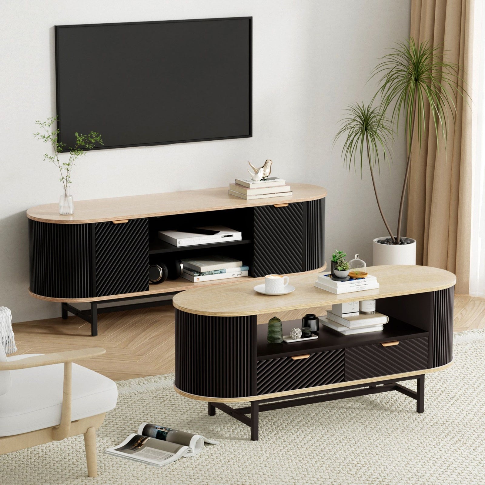 TV Unit & Coffee Table Set | Storage Drawers & Shelves | Black & Pine