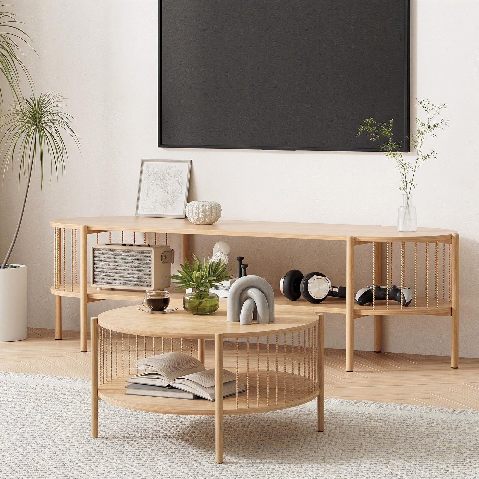 TV Unit & Coffee Table Set | Storage Shelf Design | Pine