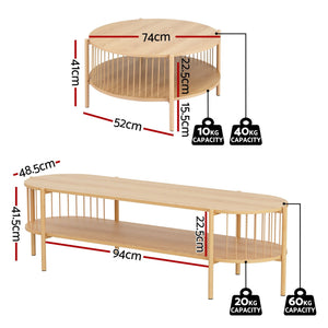 Artiss TV Unit & Coffee Table Set Storage Shelf Pine