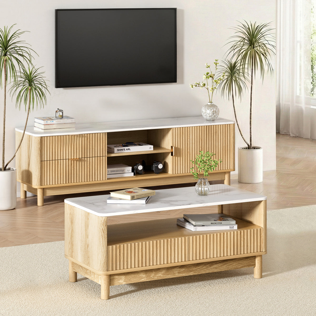 TV Unit & Coffee Table Set | Storage Drawers | Pine Finish