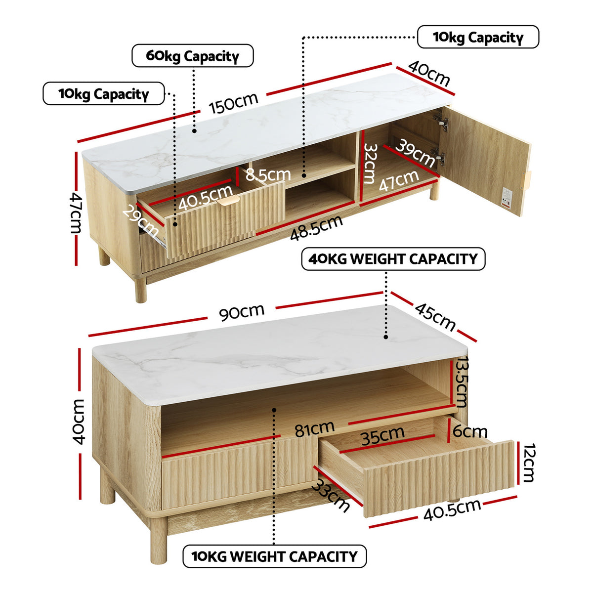 TV Unit & Coffee Table Set | Storage Drawers | Pine Finish