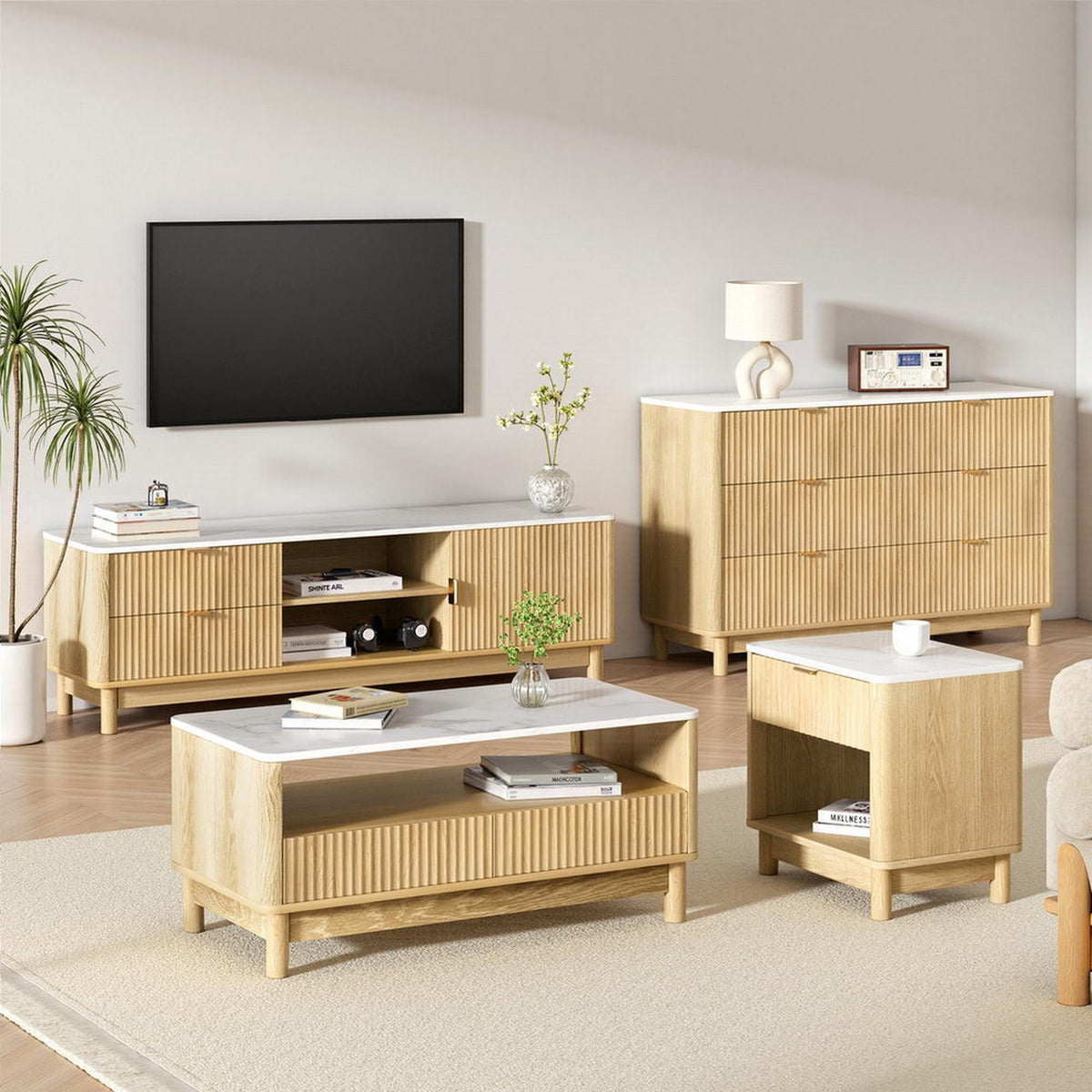TV Unit & Coffee Table Set | Storage Drawers | Pine Finish